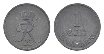 Дания 1 эре 1957 С. S, Фредерик IX (1947-1972) KM 839 цинк 4651-823