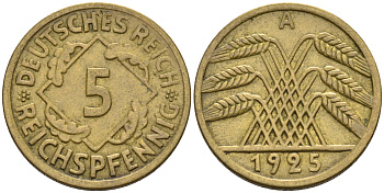Германия 5 рейхспфеннигов 1925 A KM 39, J. 316, Weege 7 алюминиевая бронза 4594-856