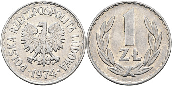 Польша 1 злотый 1974 MW, Народная Республика KM 49.1, Parchimowicz 213k алюминий 3336-1254