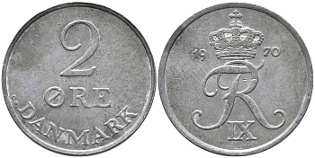ДАНИЯ 2 ЭРЕ 1970 C; S, ФРЕДЕРИК IX (1947-1972) KM 840.2 цинк 28-1046