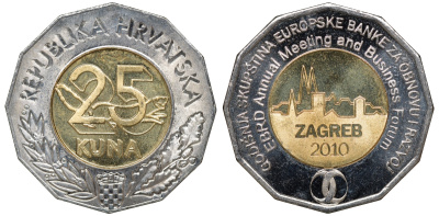 Хорватия 25 кун 2010 бизнес форум в Загребе KM 93 биметалл UNC M21-15