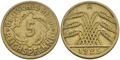 Германия 5 рейхспфеннигов 1925 A KM 39, J. 316, Weege 7 алюминиевая бронза 4594-856