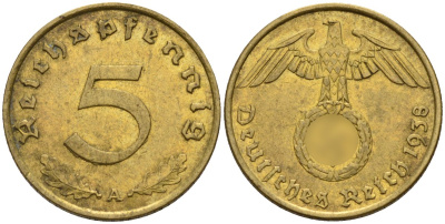 Германия 5 рейхспфеннигов 1938 A KM 91, J. 363 алюминиевая бронза 4151-815