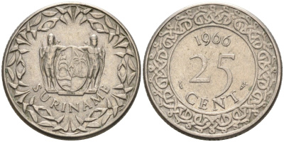 Суринам 25 центов 1966 KM 14 медно-никель 4585-964