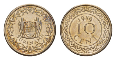 Суринам 10 центов 1989 KM 13a медно-никель BU 4649-1014