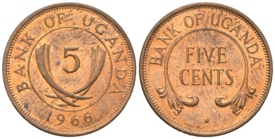 Уганда 5 центов 1966 KM 1 бронза aUNC 4609-1156