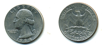 США 25 центов (квотер) 1984 D, Вашингтон KM А164а медь плакированная медно-никелем 59-1945