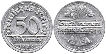 ГЕРМАНИЯ 50 ПФЕННИГОВ 1920 D KM 27, J. 301 алюминий 24-941