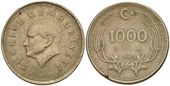 Турция 1000 лир 1990 Кемаль Ататюрк KM 997 медь цинк никель 4601-655
