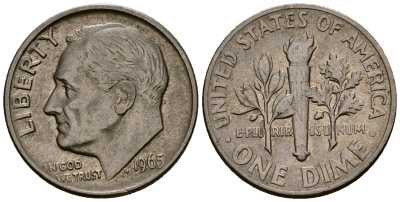 США 10 центов (дайм) 1965 Рузвельт KM 195a медь плакированная медно-никелем 4164-924