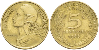 ФРАНЦИЯ 5 САНТИМОВ 1966 ТИП MARIANE KM 933, LE FRANC 125.2 алюминиевая бронза 4516-816