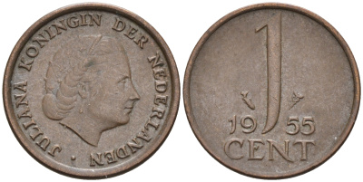 Нидерланды 1 цент 1955 Юлиана (1948-1980) КМ 180 бронза    4174-548