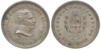 Уругвай 25 сентесимо 1960 KM 40 медно-никель 4169-767