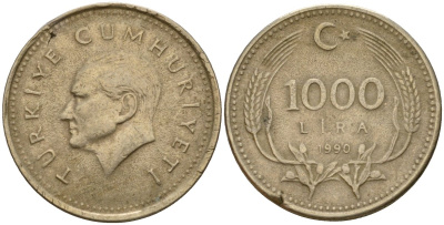Турция 1000 лир 1990 Кемаль Ататюрк KM 997 медь цинк никель 4601-655