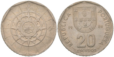 Португалия 20 эскудо 1986 KM 634 медно-никель 4620-525