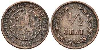 Нидерланды 1/2 цента 1894 Вильгельмина (1890-1948) KM 109 бронза 4576-325