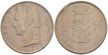 БЕЛЬГИЯ 1 ФРАНК 1961 BELGIQUE, БОДУЭН I (1951-1993) KM 142.1 медно-никель 202-1015
