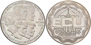 Нидерланды 10 экю 1992 КОРОЛЕВСКАЯ СЕМЬЯ медно-никель UNC 4552-832