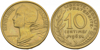 ФРАНЦИЯ 10 САНТИМОВ 1963 ТИП MARIANE KM 929, LE FRANC 144.3 алюминиевая бронза 44-955