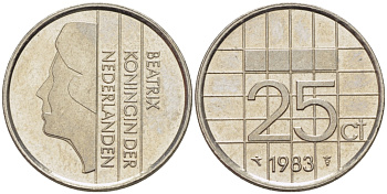 НИДЕРЛАНДЫ 25 ЦЕНТОВ 1983 БЕАТРИКС KM 204 никель 66-1213