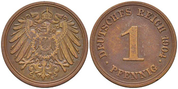 ГЕРМАНИЯ 1 ПФЕННИГ 1904 E KM 10, J. 10, Weege 2 медь 211-324