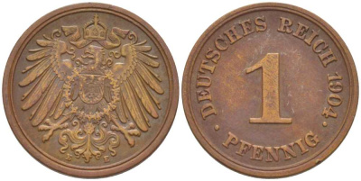 ГЕРМАНИЯ 1 ПФЕННИГ 1904 E KM 10, J. 10, Weege 2 медь 211-324