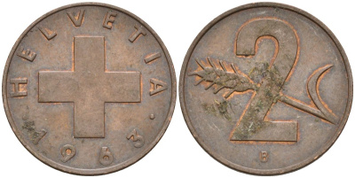 Швейцария 2 раппена 1963 В KM 47 бронза 4591-1257