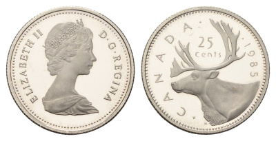Канада 25 центов 1985 Елизавета II (1952-2022), олень KM 74 никель PROOF 633-1341