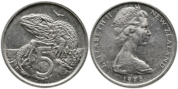Новая Зеландия 5 центов 1978 Елизавета II (1952-2022), ящерица гаттерия KM 34.1 медно-никель 4549-725