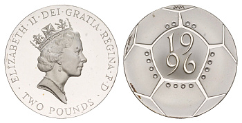 Великобритания 2 фунта 1996 Euro'96 Футбольный чемпионат KM 973a, Spink K7 серебро PROOF 11-252-13
