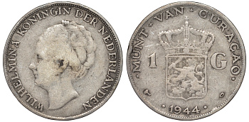 Нидерландское Кюрасао 1 гульден 1944 D, Вильгельмина (1890-1948) KM 45 серебро 36-232