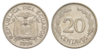 Эквадор 20 сентаво 1959 KM 77.1c сталь плакированная никелем 4640-1226