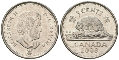 Канада 5 центов 2008 Leaf, Елизавета II (1952-2022), бобер KM 491 сталь плакированный никелем UNC 4382-936