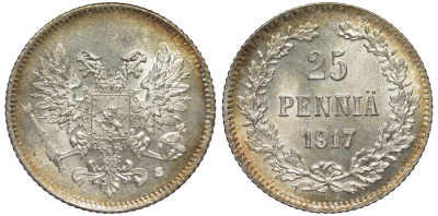 Россия для Финляндии 25 пенни 1917 S, временное правительство, без короны KM 19, Биткин 2 серебро 75-1521
