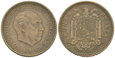 Испания 1 песета 1953 (62) Франсиско Франко (1939-1975) KM 775 алюминиевая бронза 4617-1263