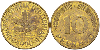 ФРГ 10 пфеннигов 1990 F KM 108, J. 383 сталь плакированная латунью 3459-126