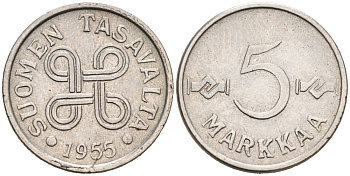 Финляндия 5 марок 1955 KM 37a никелированное железо 192-1133