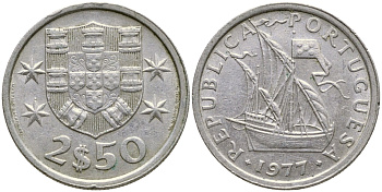 ПОРТУГАЛИЯ 2,5 ЭСКУДО 1977 ПАРУСНИК KM 590 медно-никель 4387-123