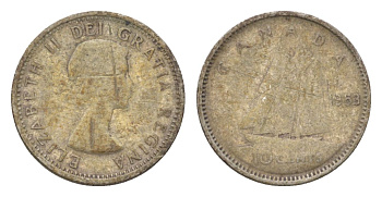 Канада 10 центов 1953 Елизавета II (1952-2022), парусник KM 51 серебро 4623-868