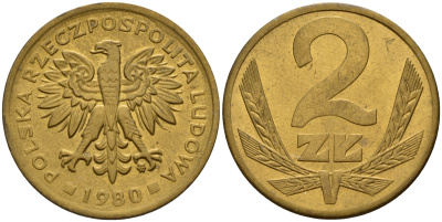 Польша 2 злотых 1980 MW KM 80.1, Parchimowicz 217g латунь  XF-UNC  4598-1236