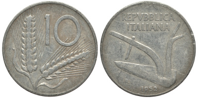 ИТАЛИЯ 10 ЛИР 1952 R, КОЛОСЬЯ, ПЛУГ KM 93 алюминий VG 4182-517