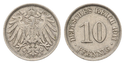 Германия 10 пфеннигов 1911 J, Вильгельм II (1888-1918) KM 12, J. 13 медно-никель 4636-931