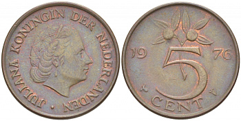 Нидерланды 5 центов 1976 Юлиана (1949-1980) KM 181 бронза 214-829