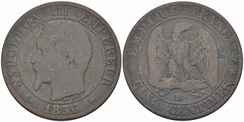 Франция 5 сантимов 1856 BB, Наполеон III (1852-1870) KM 777.3, LE FRANC 116.32 бронза 108-435