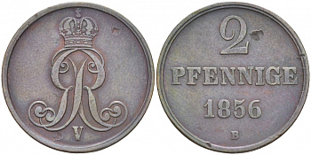 Брауншвейг-Каленберг-Ганновер 2 пфеннига 1856 B, Георг V (1851-1866) KM 217, AKS 152, J. 84 медь 73-1012