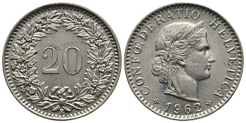 Швейцария 20 раппенов 1962 В KM 29a медно-никель 84-525