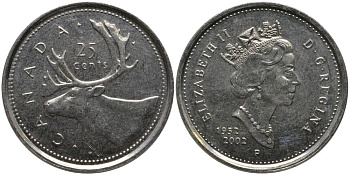 Канада 25 центов 2002 P, Елизавета II (1952-2022), кленовый лист, 50 лет правления KM 448 никель UNC 181-327