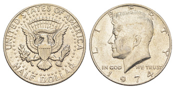 США 1/2 доллара (50 центов) 1974 Джон Кеннеди KM 202b медь плакированная медно-никелем aUNC 4536-1012