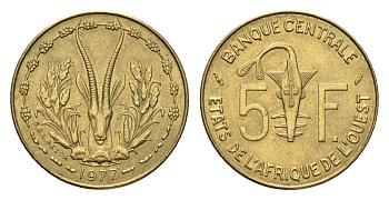Западная Африка (ВСЕАО) 5 франков 1977 KM 2a медь алюминий никель UNC 54-1153