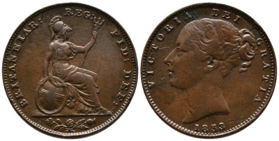 Великобритания 1 фартинг 1853 Виктория (1837-1901) KM 725, Spink 3950 медь  1518-1041